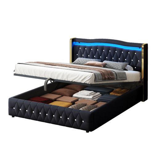 Lit Coffre 160x200 Cm Lit Adulte Avec Lumière LED, Décor Diamant, Velours, Noir