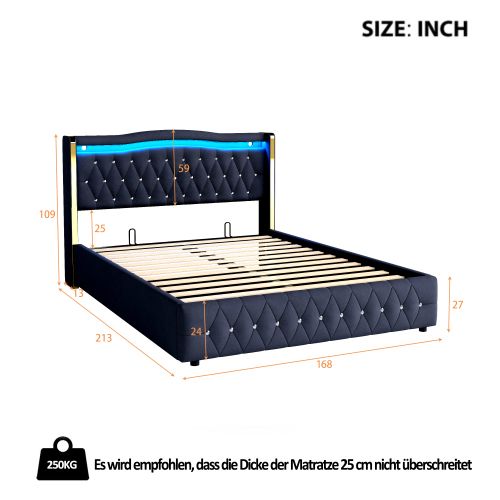 Lit Coffre 160x200 Cm Lit Adulte Avec Lumière LED, Décor Diamant, Velours, Noir