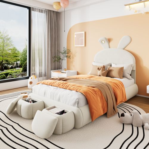 Lit Enfant 90x200 Cm Avec 2 Tabourets De Rangement, Lampe Oreilles De Lapin, Velours, Beige
