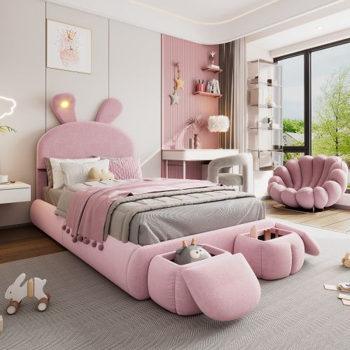 Lit Enfant 90x200 Cm Avec 2 Tabourets De Rangement, Lampe Oreilles De Lapin, Velours, Rose