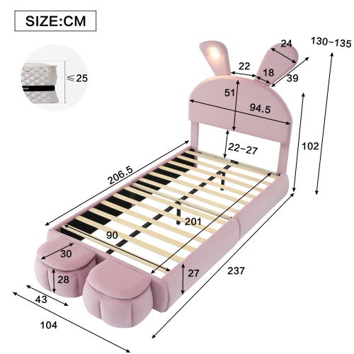 Lit Enfant 90x200 Cm Avec 2 Tabourets De Rangement, Lampe Oreilles De Lapin, Velours, Rose