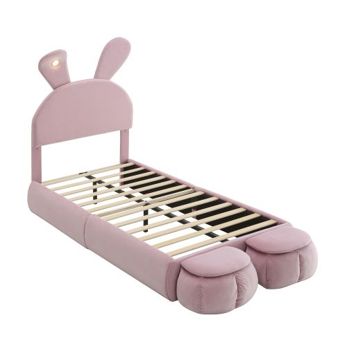 Lit Enfant 90x200 Cm Avec 2 Tabourets De Rangement, Lampe Oreilles De Lapin, Velours, Rose