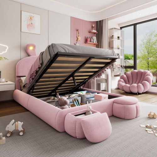 Lit Coffre Enfant 140x200 Cm Avec 2 Tabourets De Rangement, Éclairage LED, Velours, Sans Fond, Rose