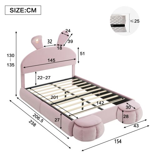 Lit Coffre Enfant 140x200 Cm Avec 2 Tabourets De Rangement, Éclairage LED, Velours, Sans Fond, Rose