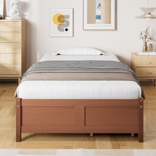 Lit Enfant 90x200 Cm Avec 2 Tiroirs, Structure En Pin, Sans Tête De Lit, Brun Rougeâtre