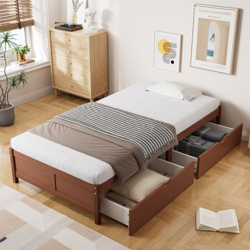 Lit Enfant 90x200 Cm Avec 2 Tiroirs, Structure En Pin, Sans Tête De Lit, Brun Rougeâtre