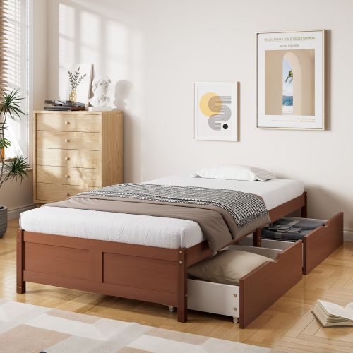 Lit Enfant 90x200 Cm Avec 2 Tiroirs, Structure En Pin, Sans Tête De Lit, Brun Rougeâtre