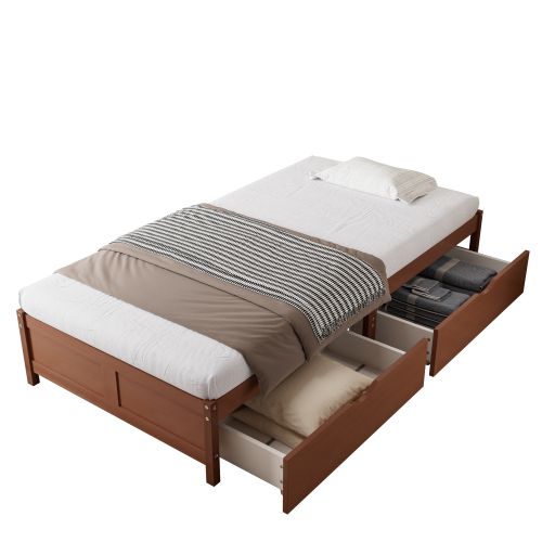 Lit Enfant 90x200 Cm Avec 2 Tiroirs, Structure En Pin, Sans Tête De Lit, Brun Rougeâtre
