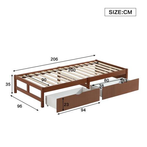 Lit Enfant 90x200 Cm Avec 2 Tiroirs, Structure En Pin, Sans Tête De Lit, Brun Rougeâtre