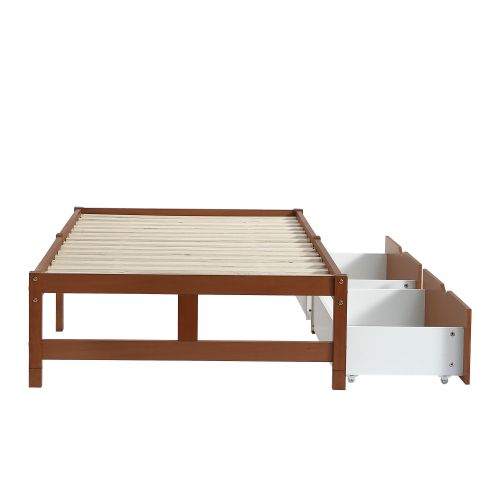 Lit Enfant 90x200 Cm Avec 2 Tiroirs, Structure En Pin, Sans Tête De Lit, Brun Rougeâtre