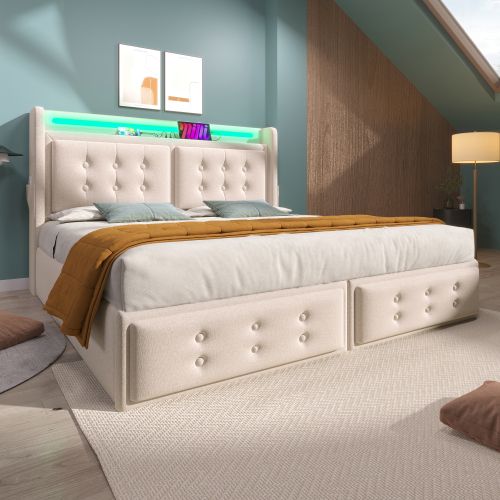 Lit Coffre 140x200 Cm Lit Adulte Avec Éclairage LED, Port De Charge USB C, Coton Et Lin, Beige