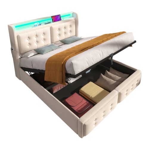 Lit Coffre 140x200 Cm Lit Adulte Avec Éclairage LED, Port De Charge USB C, Coton Et Lin, Beige