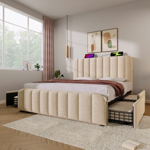 Lit Adulte 140x200 Cm Avec 4 Tiroirs, Rayures Décoratives Dorées, Charge USB, Sans Fond, Lin, Beige