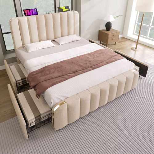 Lit Adulte 140x200 Cm Avec 4 Tiroirs, Rayures Décoratives Dorées, Charge USB, Sans Fond, Lin, Beige