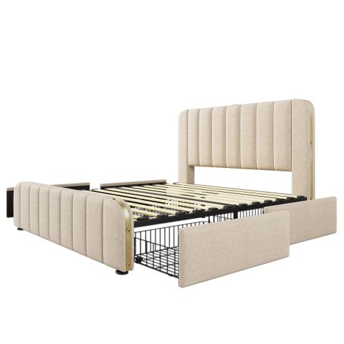Lit Adulte 140x200 Cm Avec 4 Tiroirs, Rayures Décoratives Dorées, Charge USB, Sans Fond, Lin, Beige