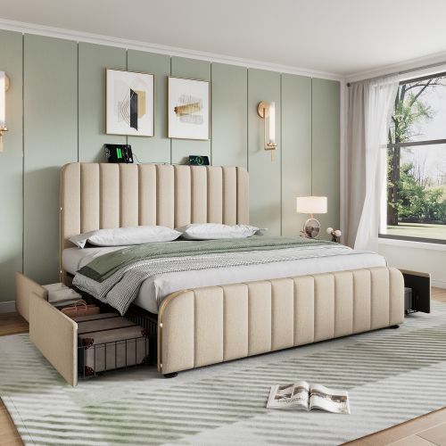 Lit Adulte 160x200 Cm Avec 4 Tiroirs, Rayures Décoratives Dorées, Charge USB, Sans Fond, Lin, Beige