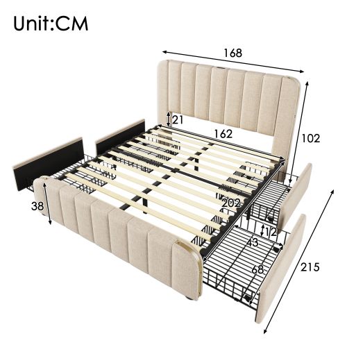 Lit Adulte 160x200 Cm Avec 4 Tiroirs, Rayures Décoratives Dorées, Charge USB, Sans Fond, Lin, Beige