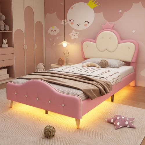 Lit Enfant 90x200 Cm Avec Tête De Lit Couronne, LED Unicolore, Pieds En Métal Doré, Rose Et Blanc