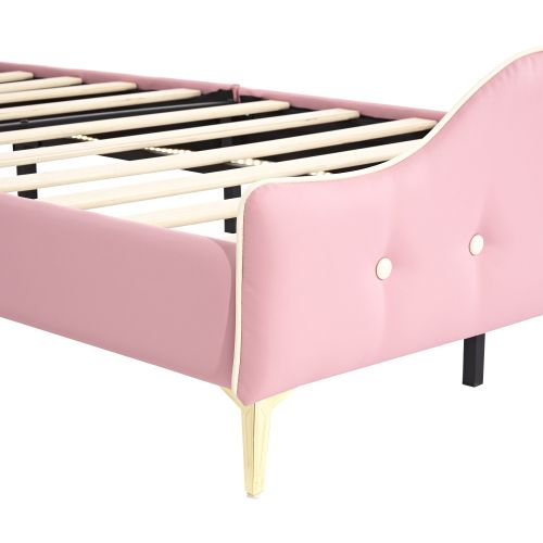 Lit Enfant 90x200 Cm Avec Tête De Lit Couronne, LED Unicolore, Pieds En Métal Doré, Rose Et Blanc