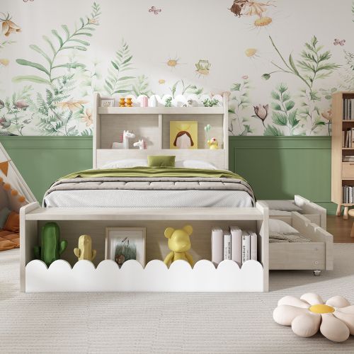 Lit Enfant 90x200 Cm Avec 2 Tiroirs, Étagère Et Banc, Chêne