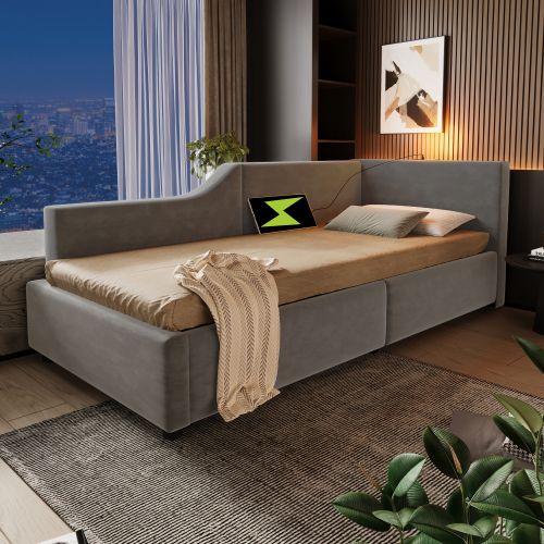 Lit Coffre 90x200 Cm Lit Enfant Avec Liseuse, Port De Charge USB-c, Velours, Gris