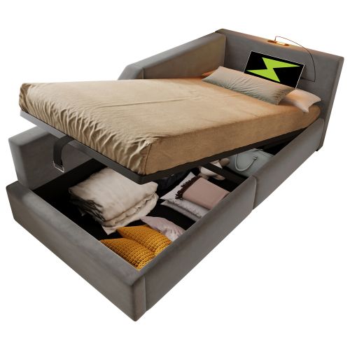 Lit Coffre 90x200 Cm Lit Enfant Avec Liseuse, Port De Charge USB-c, Velours, Gris