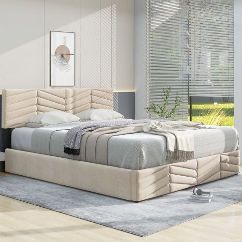 Lit Coffre 140x190 Cm Lit Adulte Style Rayé, Tête De Lit Réglable En Hauteur, Velours, Beige