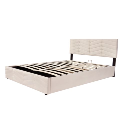 Lit Coffre 140x190 Cm Lit Adulte Style Rayé, Tête De Lit Réglable En Hauteur, Velours, Beige