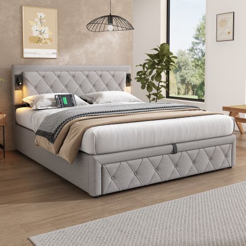 Lit Coffre 160x200 Cm Lit Adulte Avec Lampe De Chevet, Port USB, Rayures Diamant, Lin, Gris