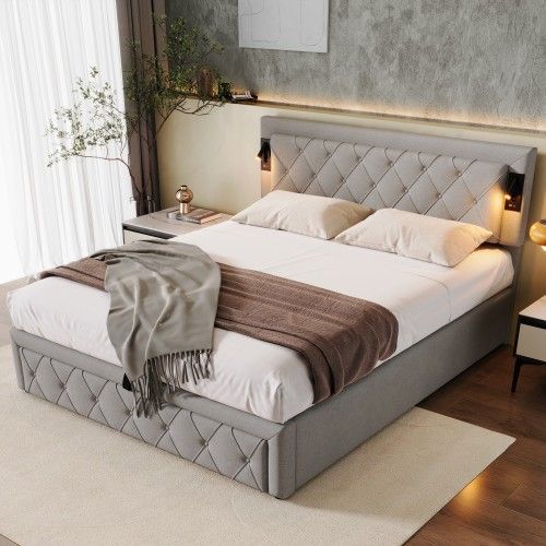 Lit Coffre 160x200 Cm Lit Adulte Avec Lampe De Chevet, Port USB, Rayures Diamant, Lin, Gris