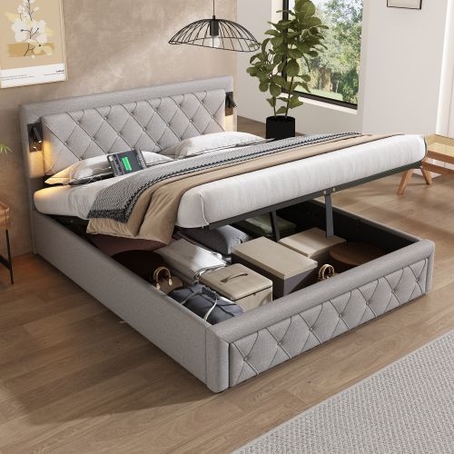 Lit Coffre 160x200 Cm Lit Adulte Avec Lampe De Chevet, Port USB, Rayures Diamant, Lin, Gris