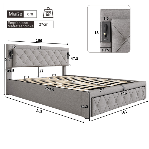 Lit Coffre 160x200 Cm Lit Adulte Avec Lampe De Chevet, Port USB, Rayures Diamant, Lin, Gris