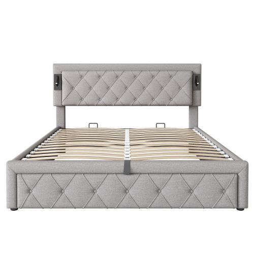 Lit Coffre 160x200 Cm Lit Adulte Avec Lampe De Chevet, Port USB, Rayures Diamant, Lin, Gris