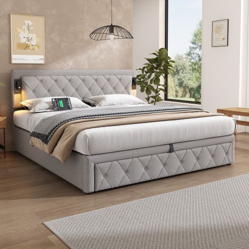 Lit Coffre 180x200 Cm Lit Adulte Avec Lampe De Chevet, Port USB, Rayures Diamant, Lin, Gris