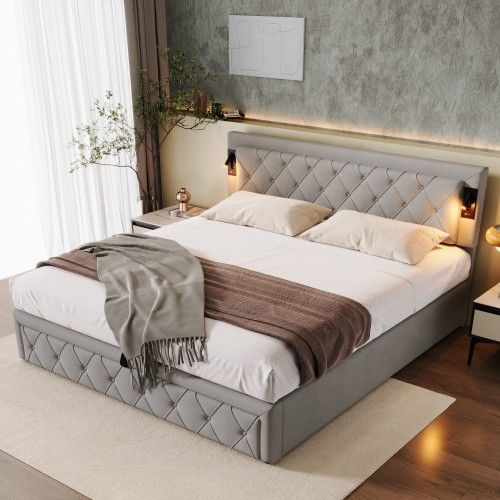 Lit Coffre 180x200 Cm Lit Adulte Avec Lampe De Chevet, Port USB, Rayures Diamant, Lin, Gris