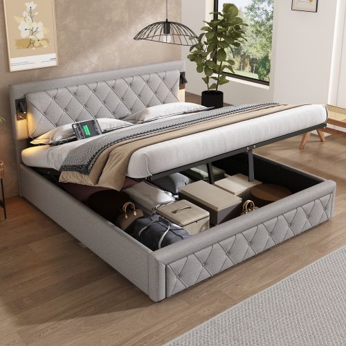 Lit Coffre 180x200 Cm Lit Adulte Avec Lampe De Chevet, Port USB, Rayures Diamant, Lin, Gris