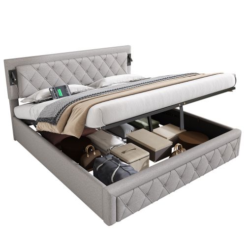 Lit Coffre 180x200 Cm Lit Adulte Avec Lampe De Chevet, Port USB, Rayures Diamant, Lin, Gris