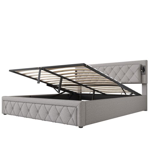 Lit Coffre 180x200 Cm Lit Adulte Avec Lampe De Chevet, Port USB, Rayures Diamant, Lin, Gris