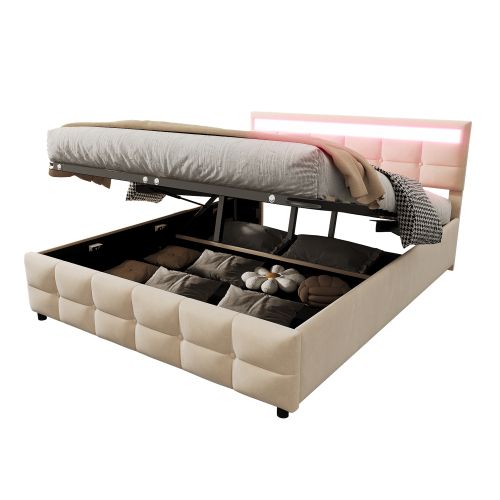 Lit Coffre 180x200 Cm Lit Adulte Avec Lumières LED, Décoration Boutons, Velours, Beige