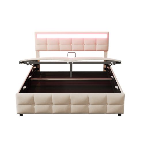 Lit Coffre 180x200 Cm Lit Adulte Avec Lumières LED, Décoration Boutons, Velours, Beige