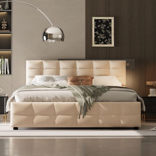 Lit Coffre 180x200 Cm Lit Adulte Avec Décoration Boutons, Velours, Beige