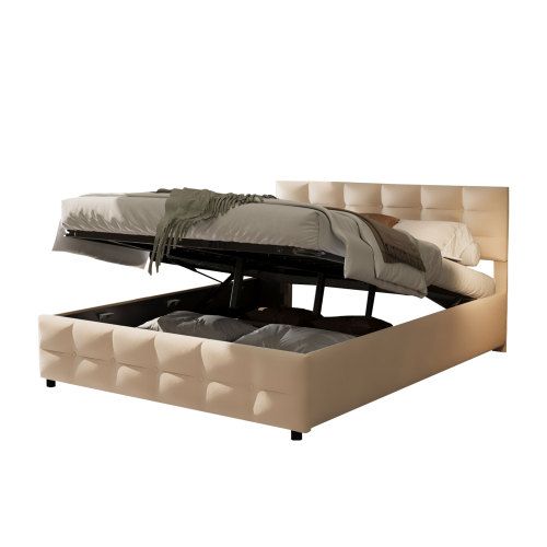 Lit Coffre 180x200 Cm Lit Adulte Avec Décoration Boutons, Velours, Beige