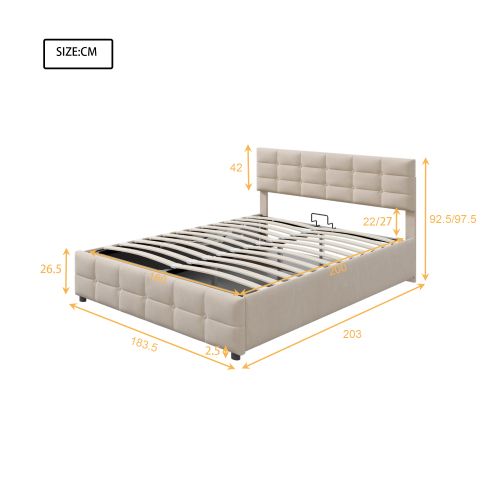 Lit Coffre 180x200 Cm Lit Adulte Avec Décoration Boutons, Velours, Beige