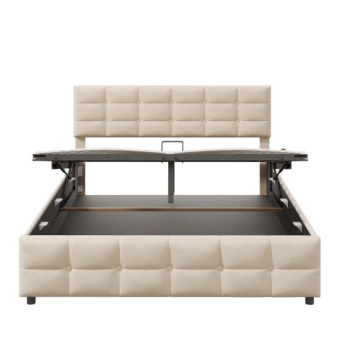 Lit Coffre 180x200 Cm Lit Adulte Avec Décoration Boutons, Velours, Beige