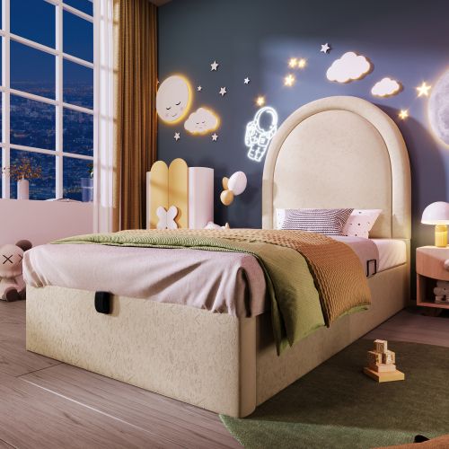 Lit Coffre 90x190 Cm, Lit Enfant, Sommier à Lattes, Velours, Beige