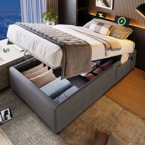 Lit 90x190 Coffre Avec LED Et USB - Cadre Métal, Baldaquin Amovible, Rangement Intégré