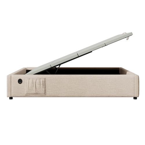 Lit Coffre 90×200 Cm, Lit Enfant Avec Port De Charge USB-c, Sans Tête De Lit, Lin, Naturel