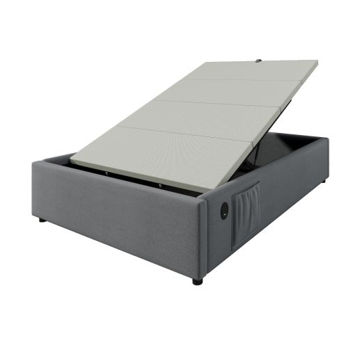 Lit Coffre 90×200 Cm, Lit Enfant Avec Port De Charge USB-c, Sans Tête De Lit, Lin, Gris