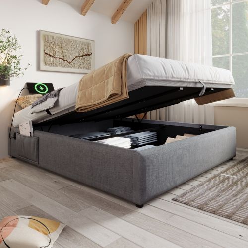 Lit Coffre 140×200 Cm, Lit Adulte Avec Port De Charge USB-c, Sans Tête De Lit, Lin, Gris