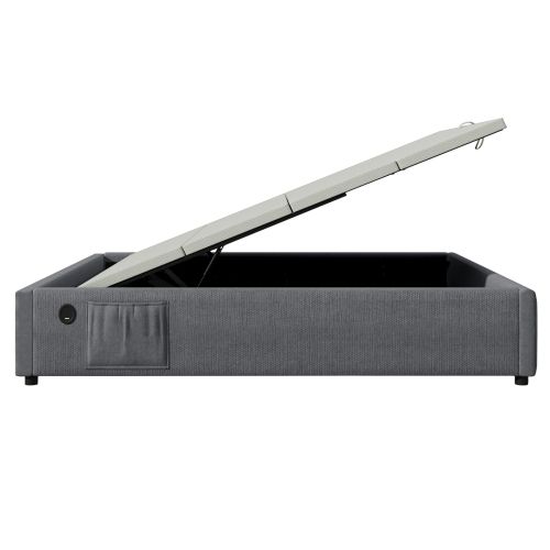 Lit Coffre 140×200 Cm, Lit Adulte Avec Port De Charge USB-c, Sans Tête De Lit, Lin, Gris
